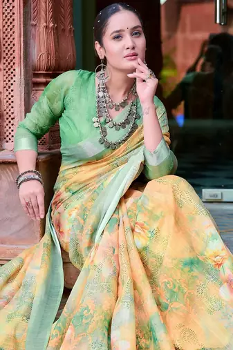 yellow printed pure cotton yellow, green saree with blouse