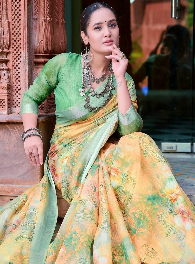 yellow printed pure cotton yellow, green saree with blouse