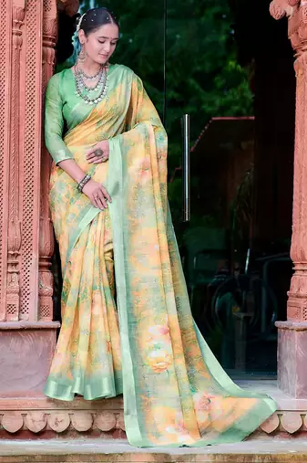 yellow printed pure cotton yellow, green saree with blouse