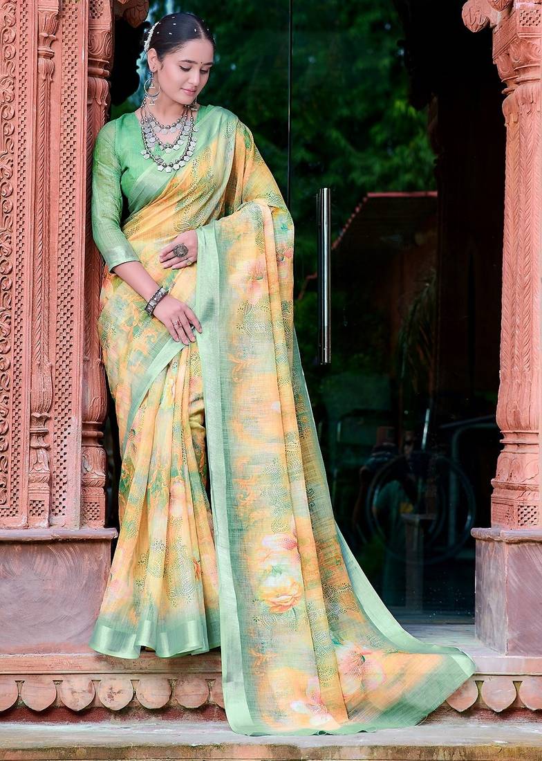 yellow printed pure cotton yellow, green saree with blouse