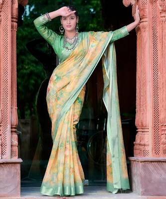yellow printed pure cotton yellow, green saree with blouse 4