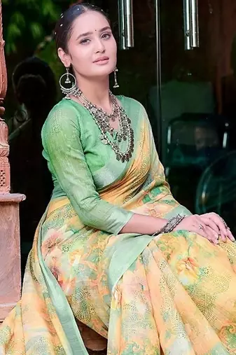 yellow printed pure cotton yellow, green saree with blouse