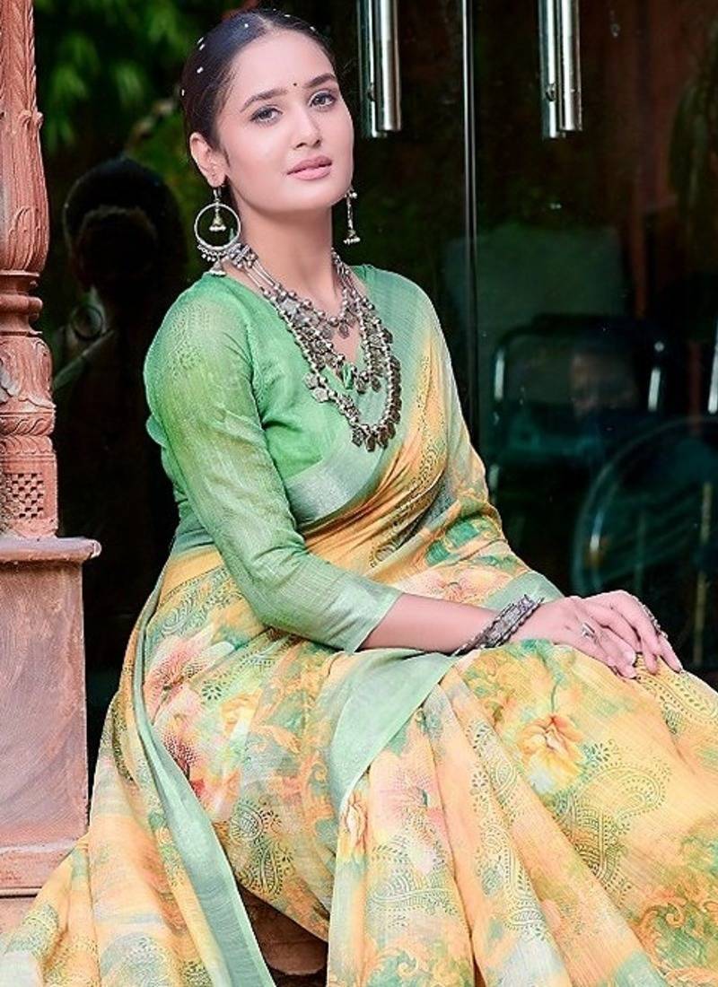 yellow printed pure cotton yellow, green saree with blouse