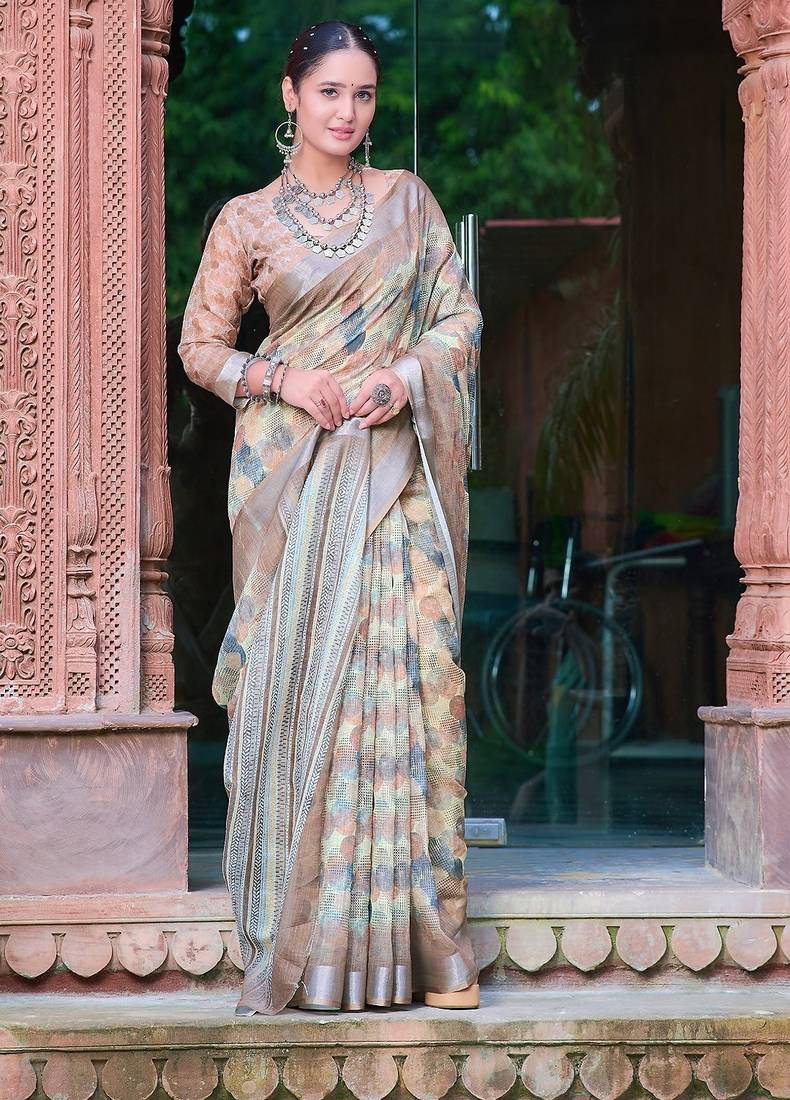 multicolor printed pure cotton multicolor saree with blouse