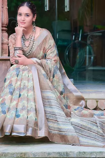 multicolor printed pure cotton multicolor saree with blouse