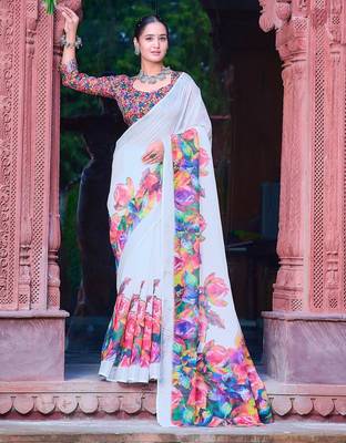 white printed pure cotton white saree with blouse 1