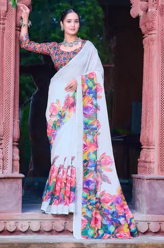 white printed pure cotton white saree with blouse