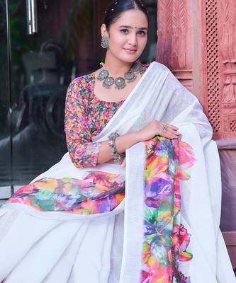 white printed pure cotton white saree with blouse 2
