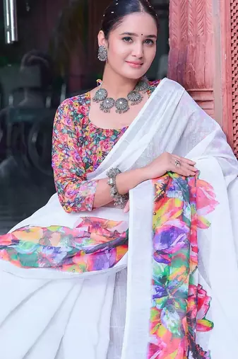 white printed pure cotton white saree with blouse