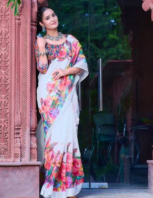 white printed pure cotton white saree with blouse 3