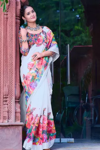 white printed pure cotton white saree with blouse