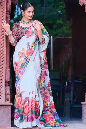 white printed pure cotton white saree with blouse