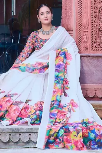 white printed pure cotton white saree with blouse