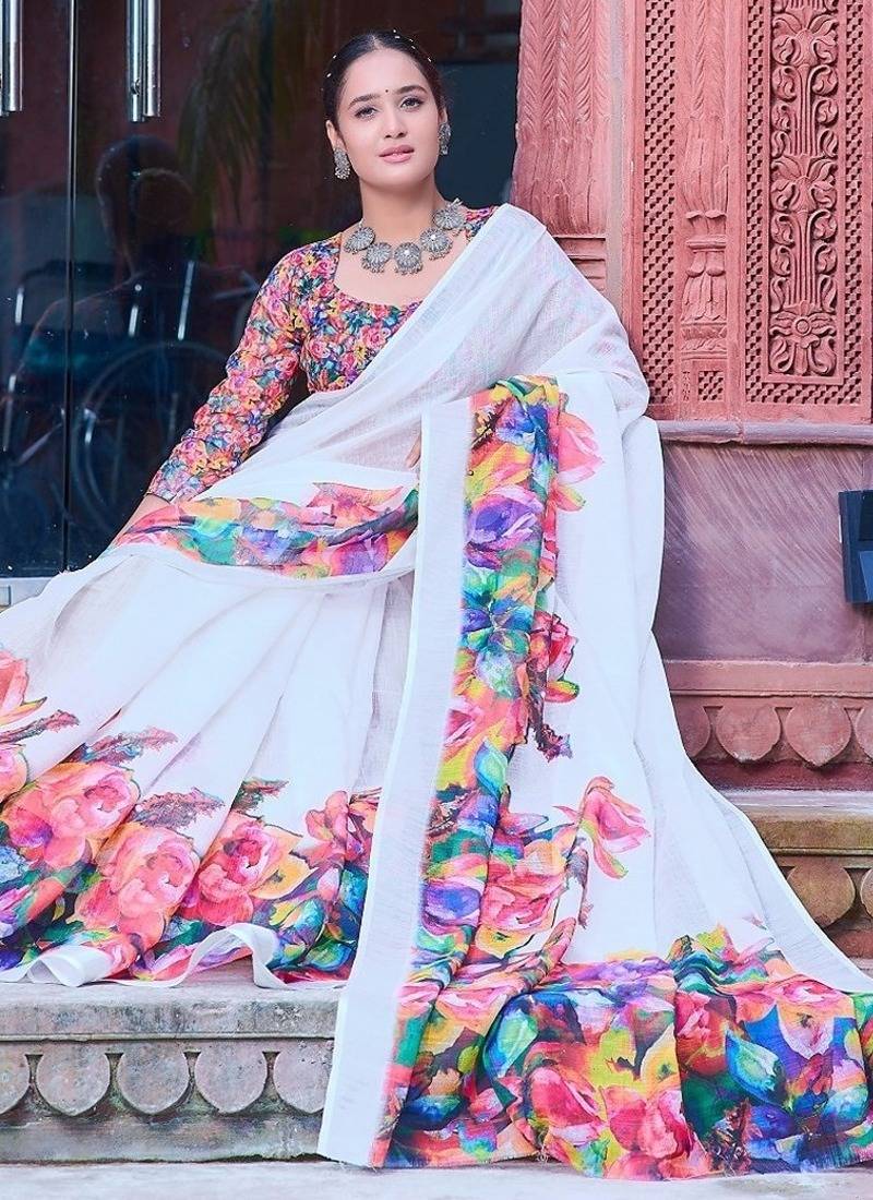 white printed pure cotton white saree with blouse