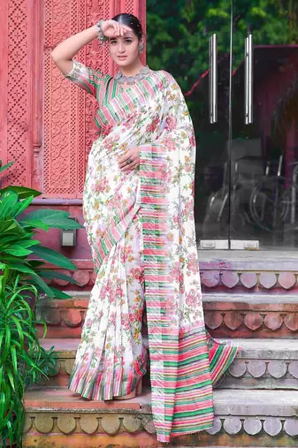 multicolor printed pure cotton multicolor saree with blouse