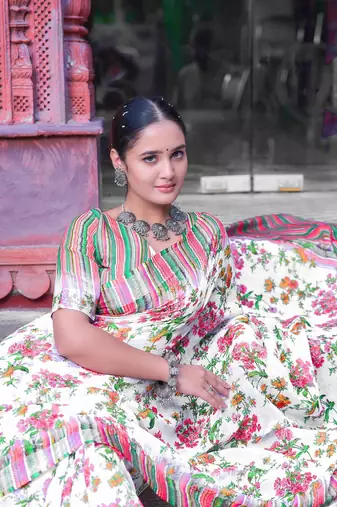 multicolor printed pure cotton multicolor saree with blouse