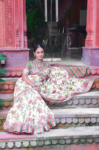 multicolor printed pure cotton multicolor saree with blouse
