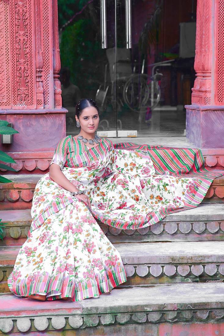 multicolor printed pure cotton multicolor saree with blouse