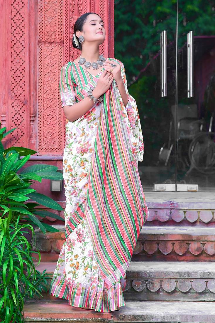 multicolor printed pure cotton multicolor saree with blouse