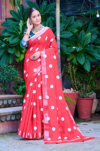 red printed pure cotton red saree with blouse