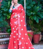 red printed pure cotton red saree with blouse