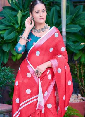 red printed pure cotton red saree with blouse 2