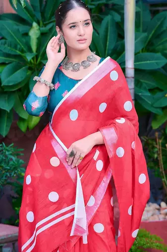 red printed pure cotton red saree with blouse