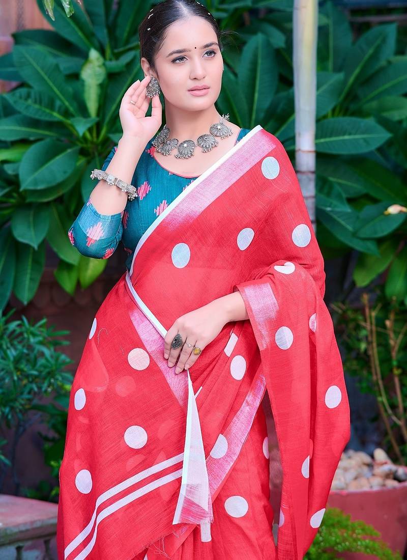 red printed pure cotton red saree with blouse
