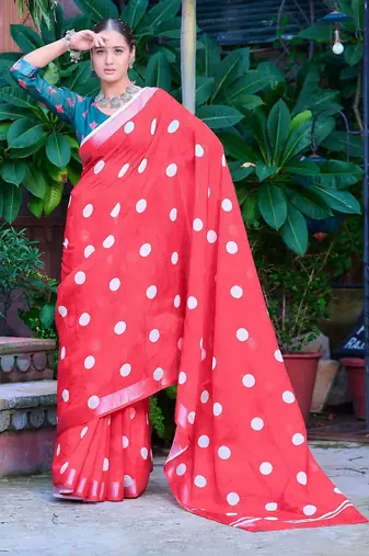red printed pure cotton red saree with blouse