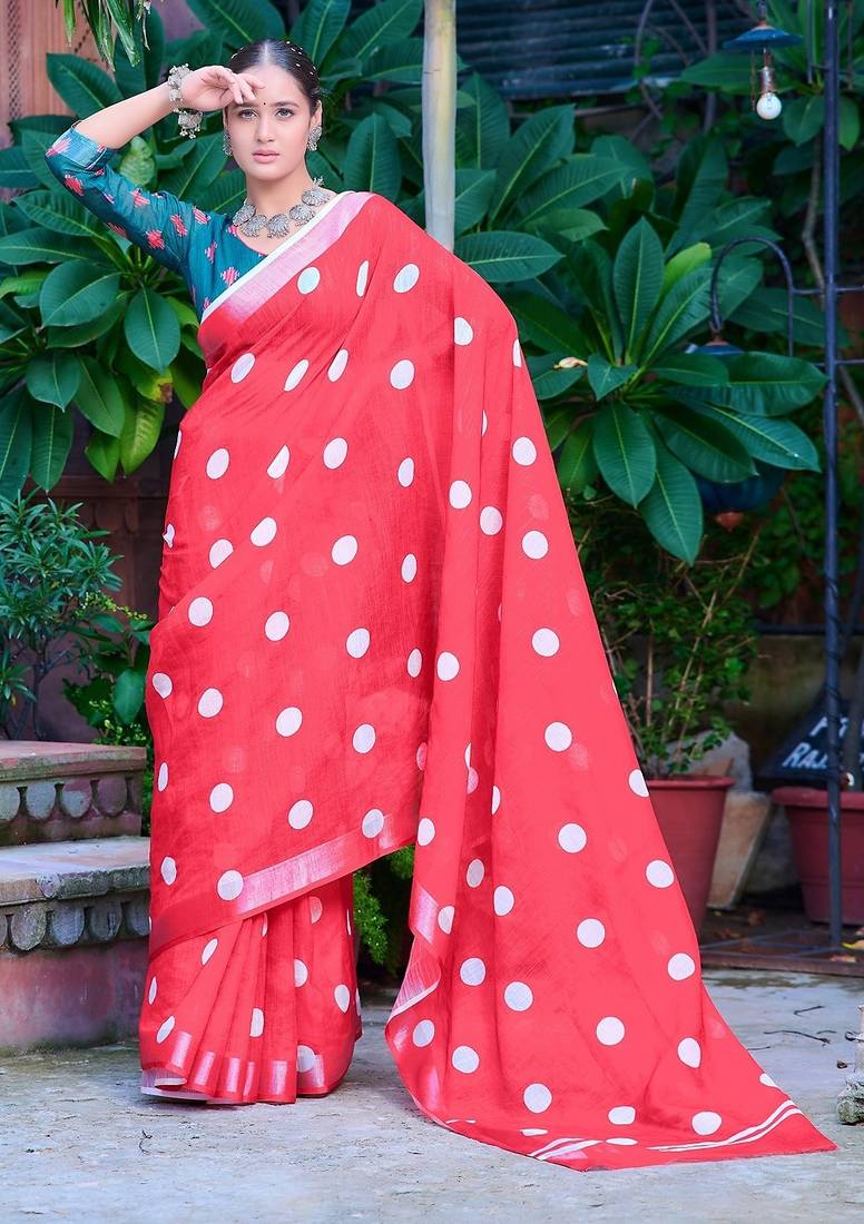 red printed pure cotton red saree with blouse
