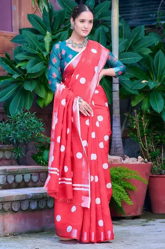 red printed pure cotton red saree with blouse