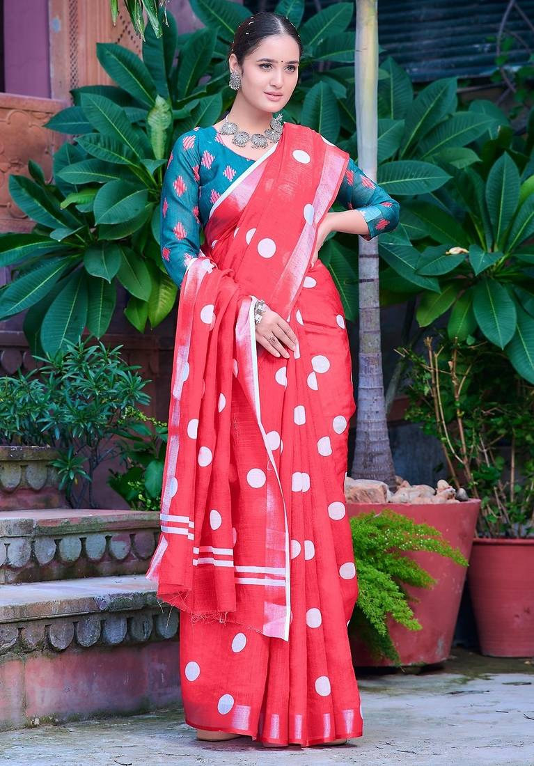 red printed pure cotton red saree with blouse