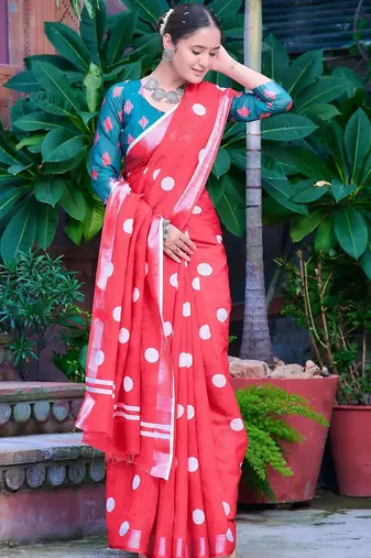 red printed pure cotton red saree with blouse