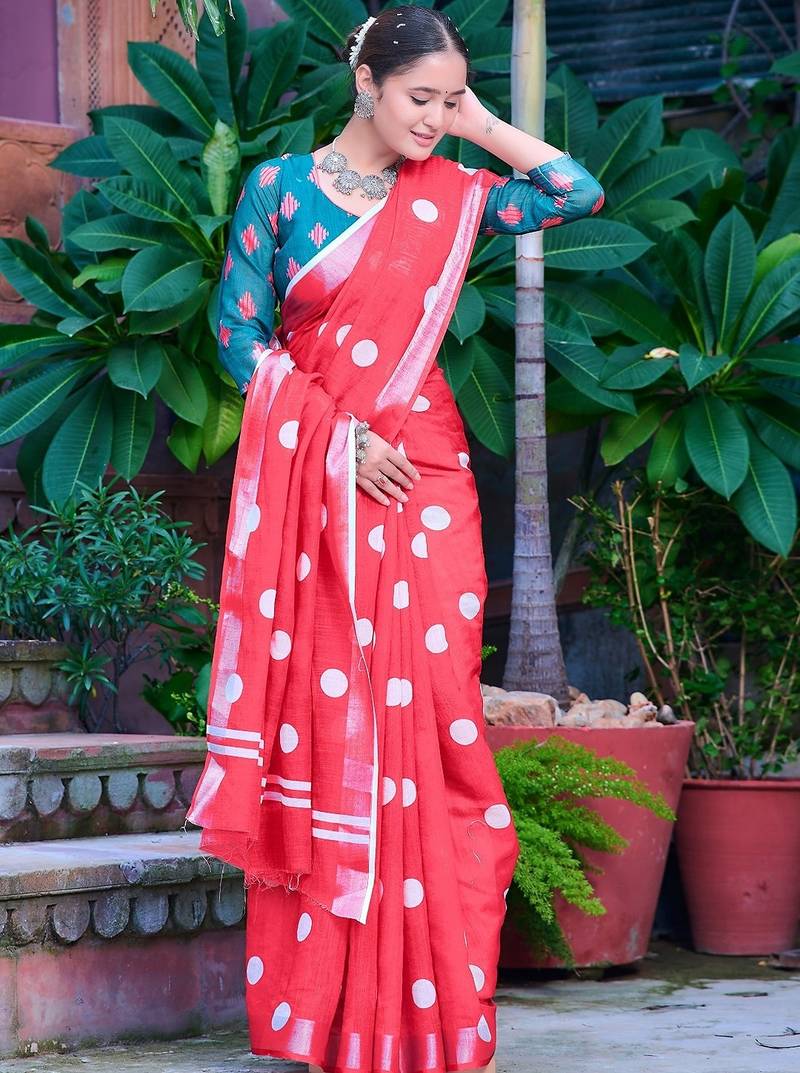 red printed pure cotton red saree with blouse