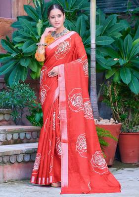 red printed pure cotton red saree with blouse 1