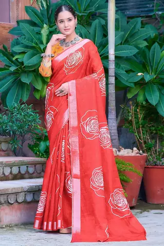red printed pure cotton red saree with blouse