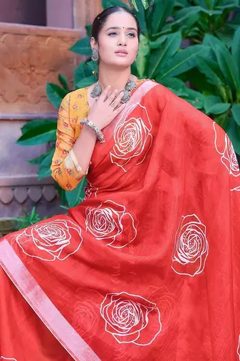 red printed pure cotton red saree with blouse