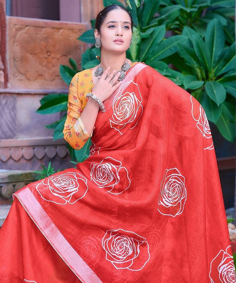 red printed pure cotton red saree with blouse