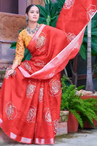 red printed pure cotton red saree with blouse