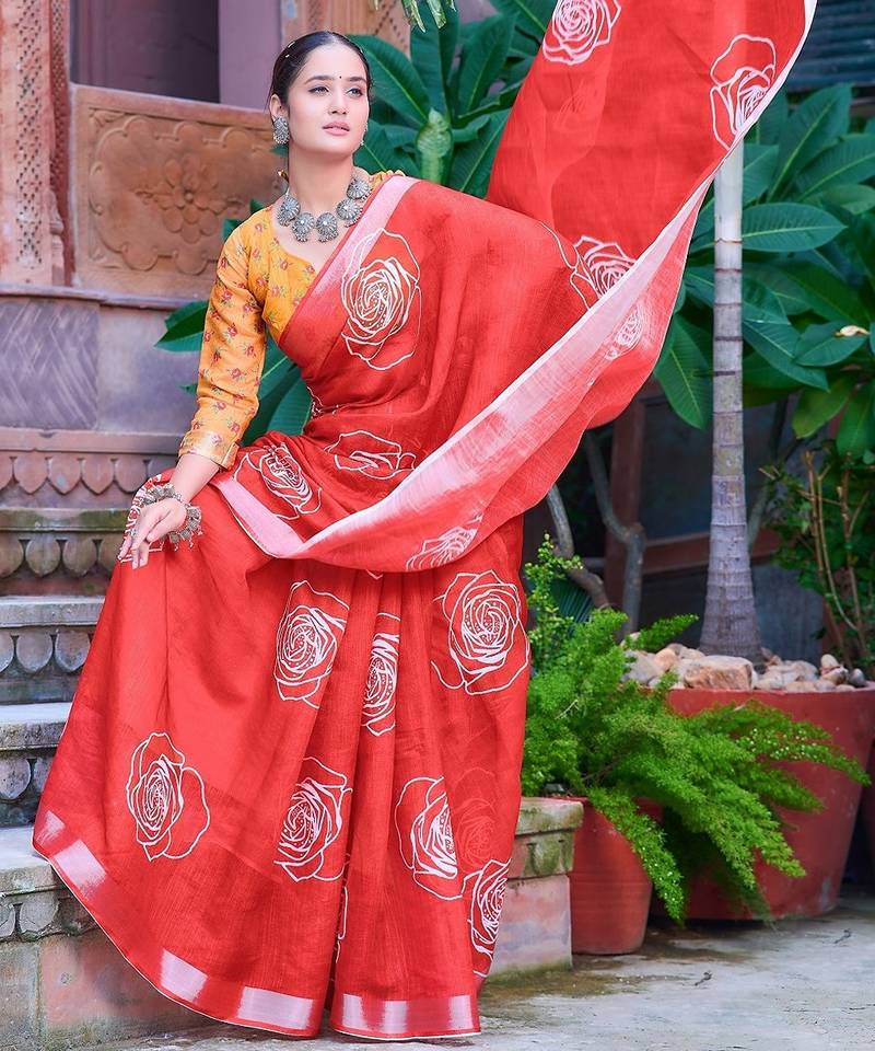 red printed pure cotton red saree with blouse