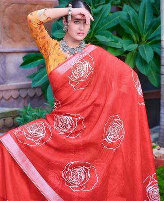 red printed pure cotton red saree with blouse 5