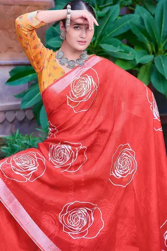 red printed pure cotton red saree with blouse