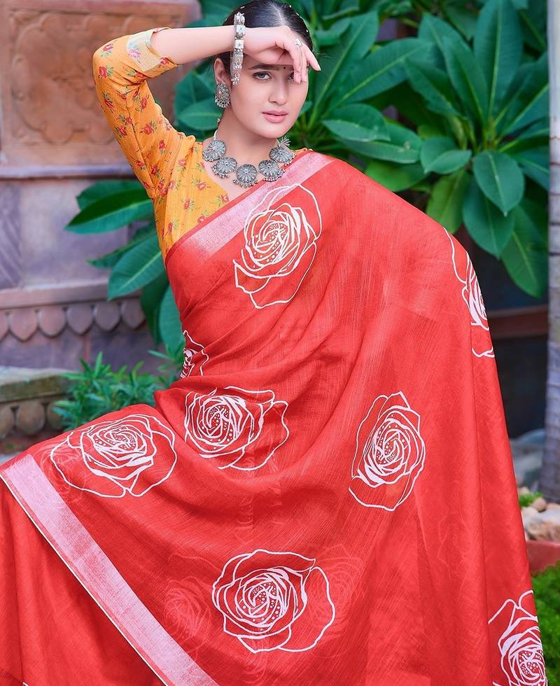 red printed pure cotton red saree with blouse