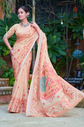 beige printed pure cotton beige saree with blouse
