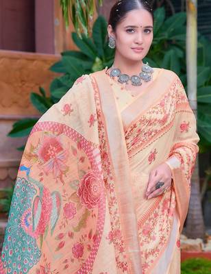 beige printed pure cotton beige saree with blouse 2