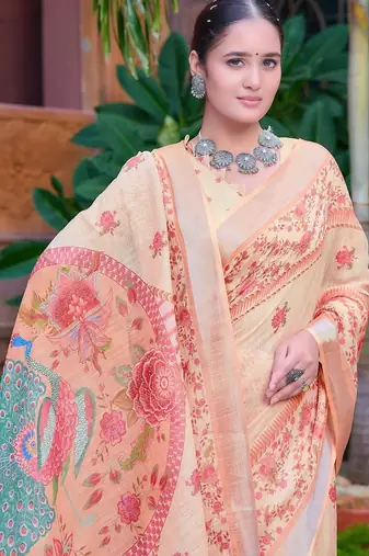 beige printed pure cotton beige saree with blouse