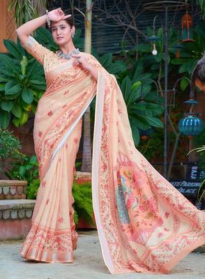beige printed pure cotton beige saree with blouse 3