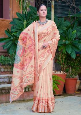 beige printed pure cotton beige saree with blouse 4