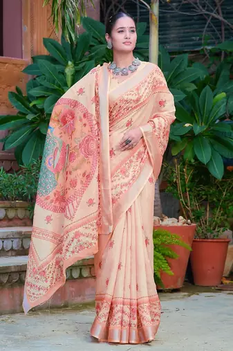 beige printed pure cotton beige saree with blouse