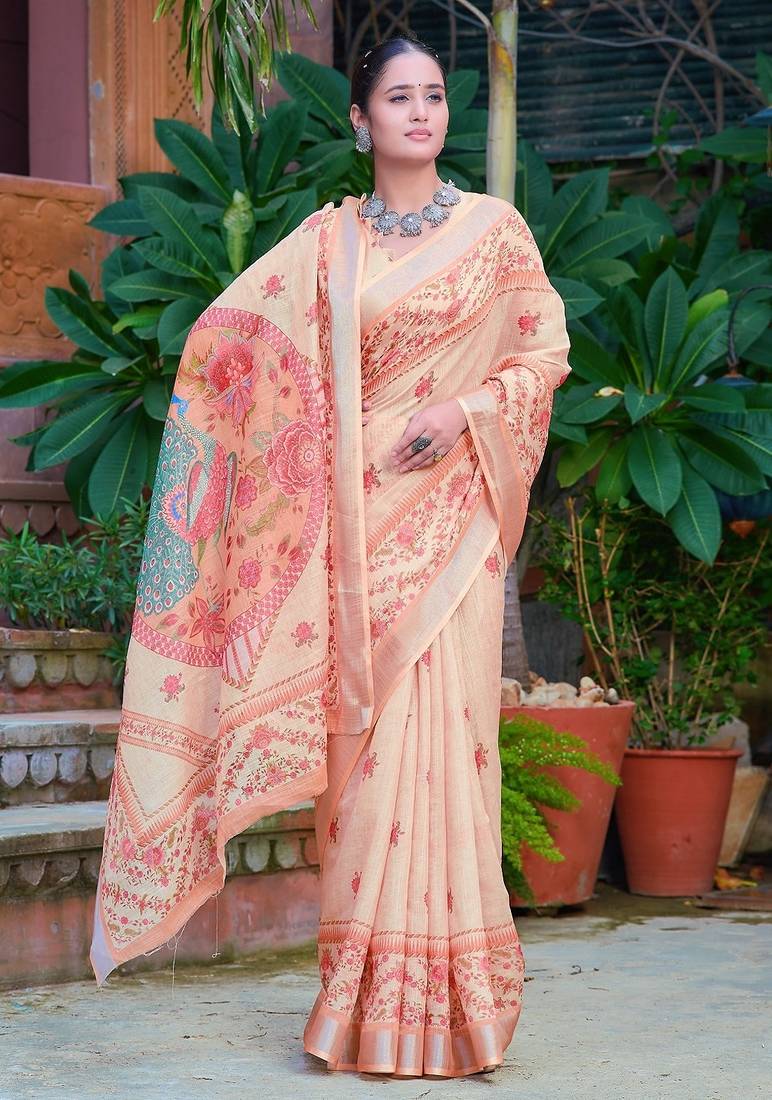 beige printed pure cotton beige saree with blouse